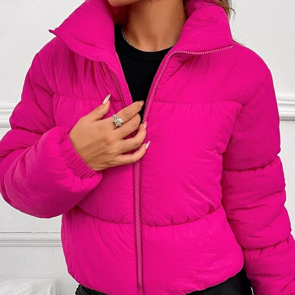 Hot Pink Casual Women's Zip Up Padded Coat - Picture 5 of 6